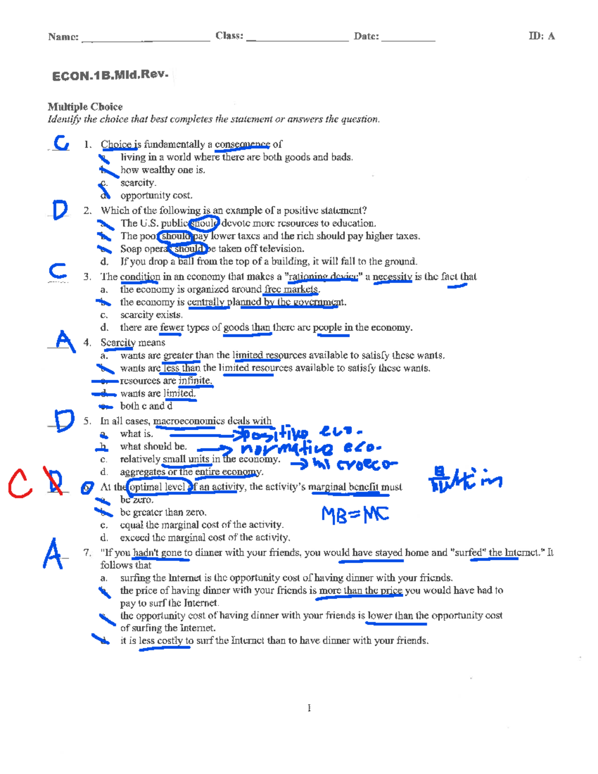 ECON 1B Exam 1 Practice Problem - Name: Class: Date: ID: A ECON.1B.Mid ...