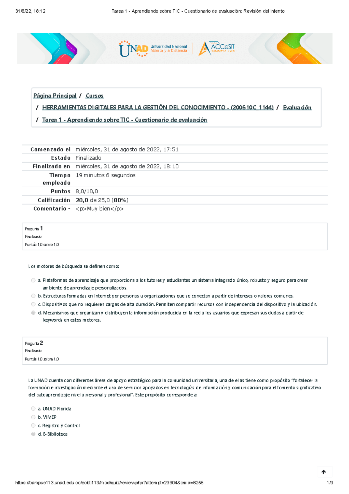 Tarea 1 - Aprendiendo Sobre TIC - Cuestionario De Evaluación Revisión ...