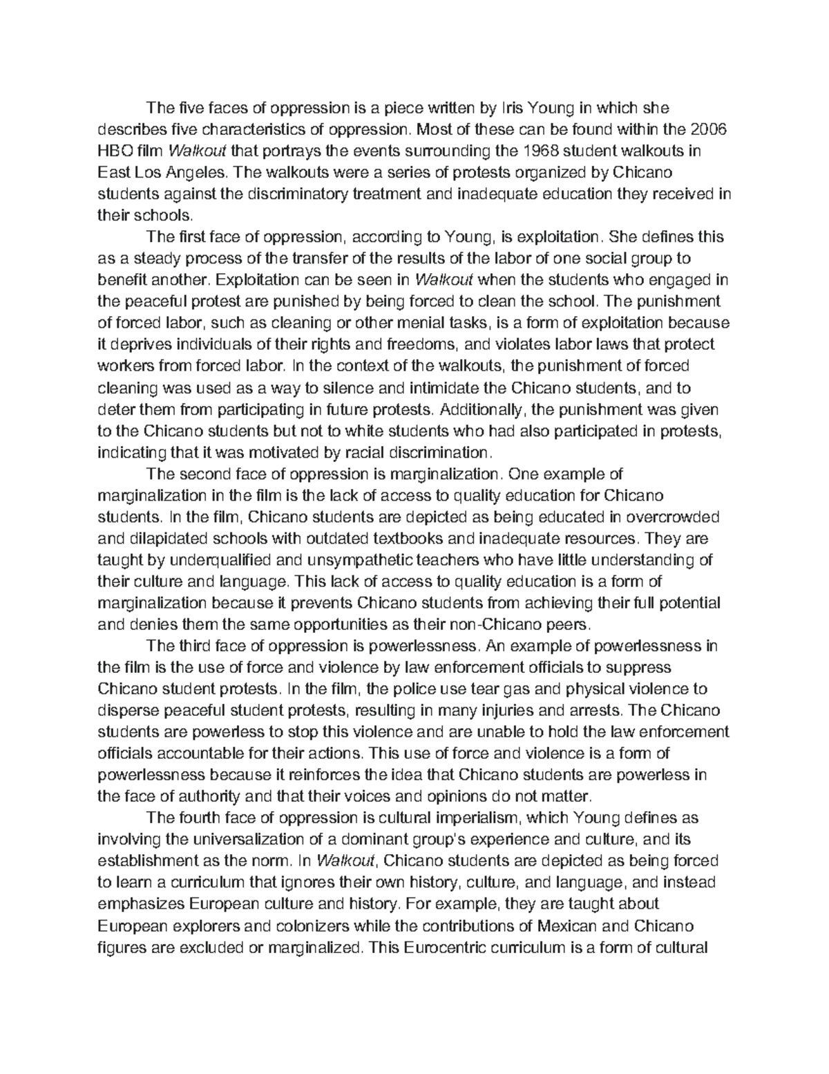 Discussion 6 The five faces of oppression is a piece written by Iris