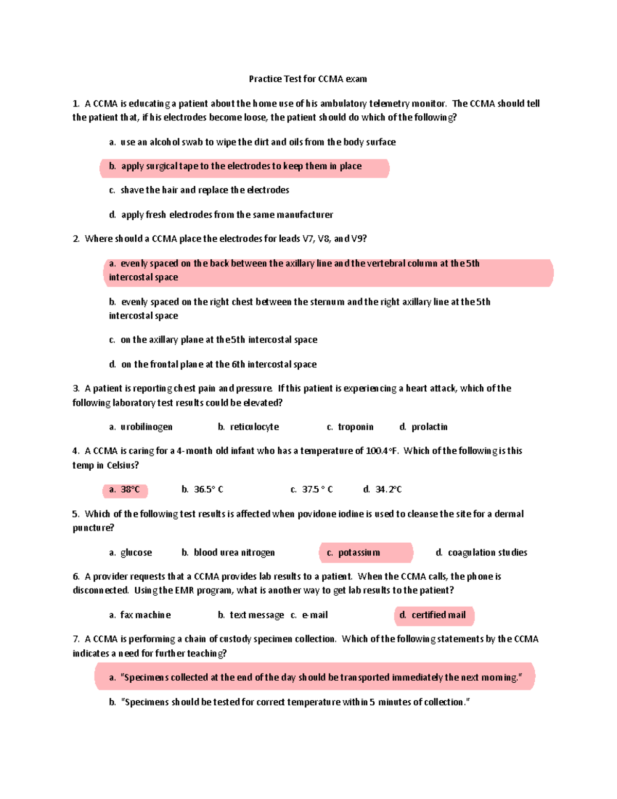 Copy Of Ashley Siftsoff - CCMA Practice Exam 2 - Practice Test For CCMA ...