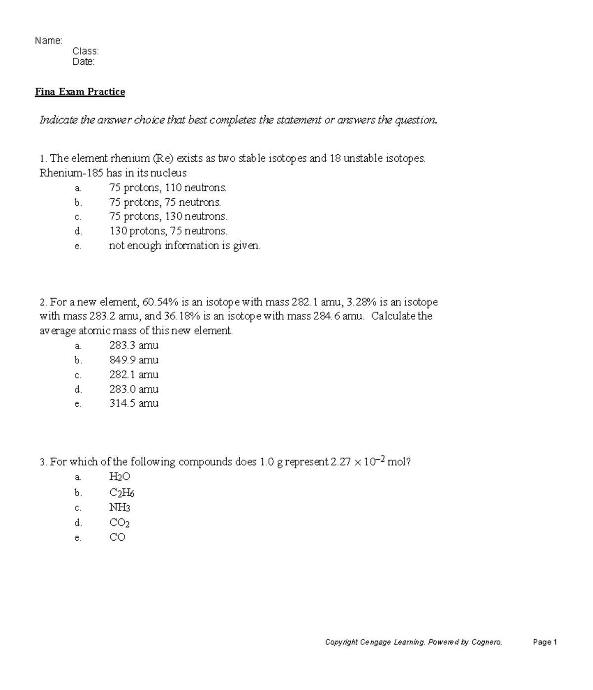 Final Exam Practice - Class: Date: Fina Exam Practice Indicate the ...