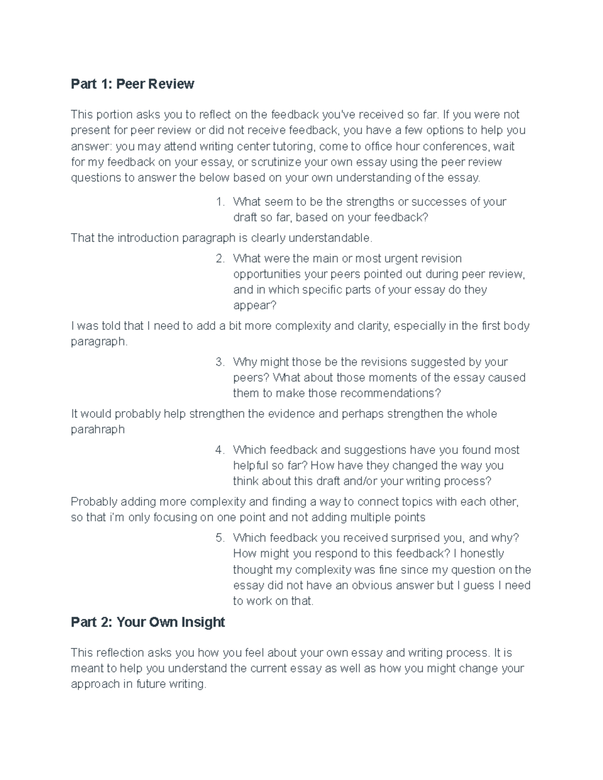 Peer Review Reflection - Google Docs - Part 1: Peer Review This portion ...