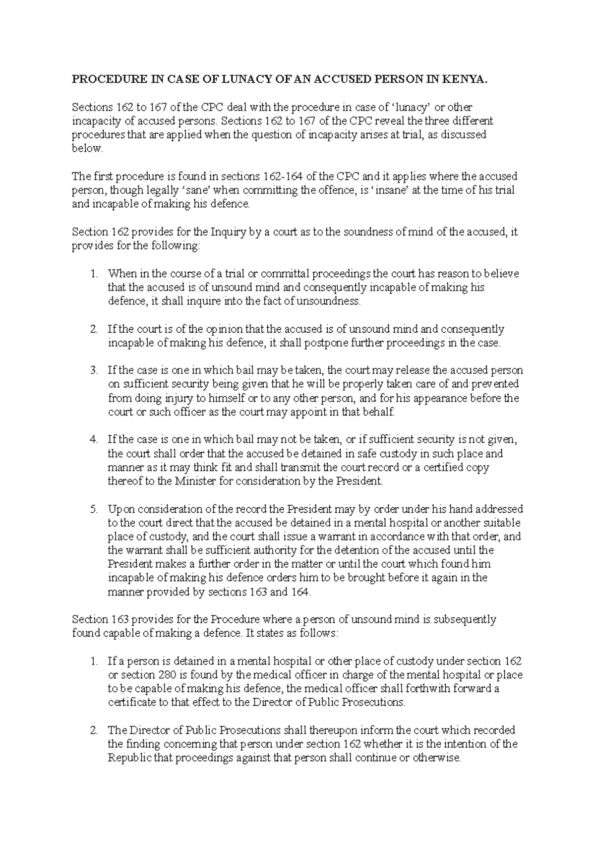 procedure in case of lunacy - PROCEDURE IN CASE OF LUNACY OF AN ACCUSED ...
