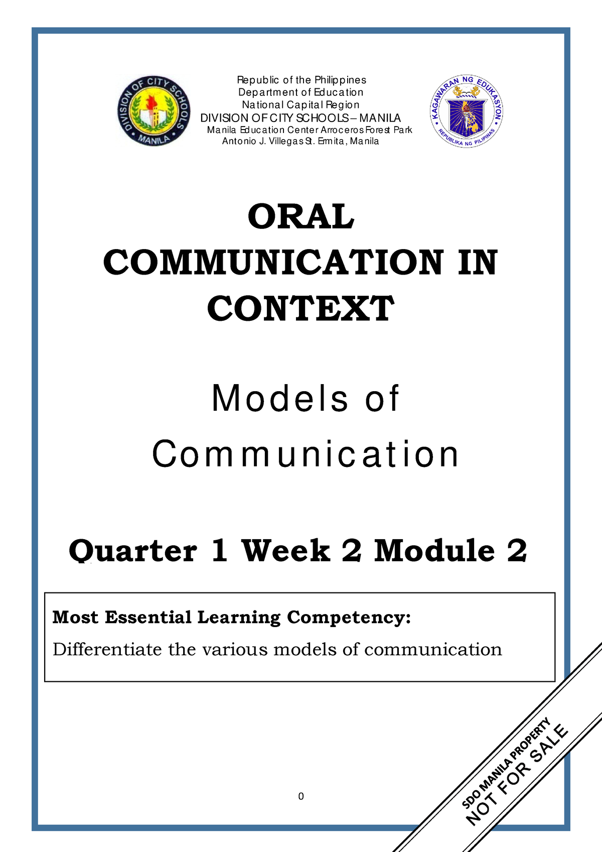 ORAL Communication Q1 W2 Mod2 Models Of Communication - Re P Ub Lic O F ...