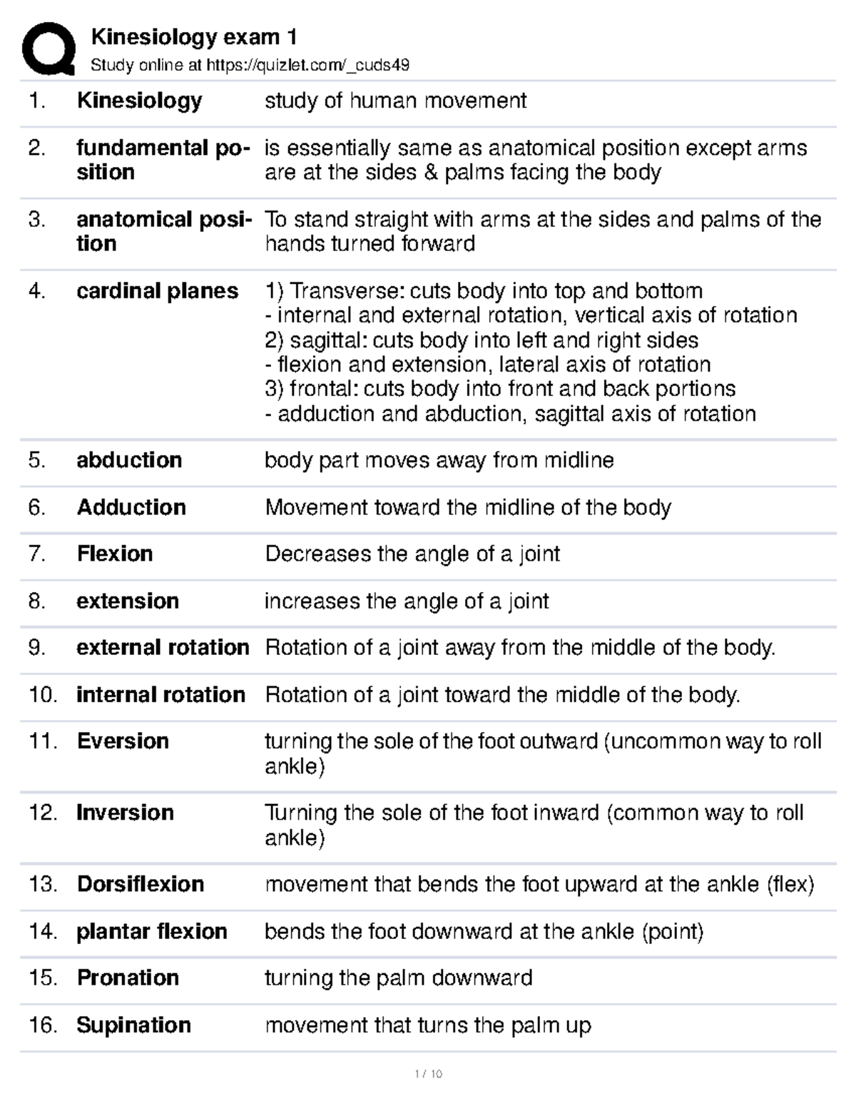 Kinesiology Exam 1 Study Guide - Study Online At Quizlet/_cuds ...