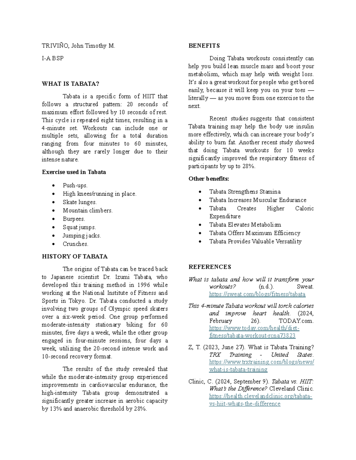 TABATA (Definition, History and Benefits) TRIVIÑO, John Timothy M. I