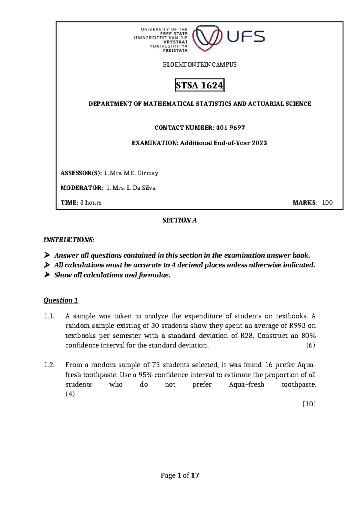 Additional Exam - exam practice - SECTION A INSTRUCTIONS: Answer all ...