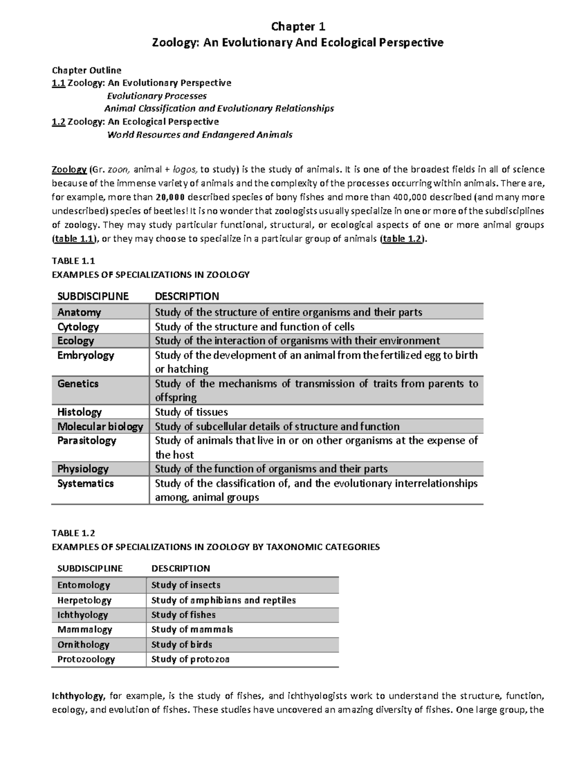 L1 Zoology AN Evolutionary AND Ecological Perspective Chapter 1