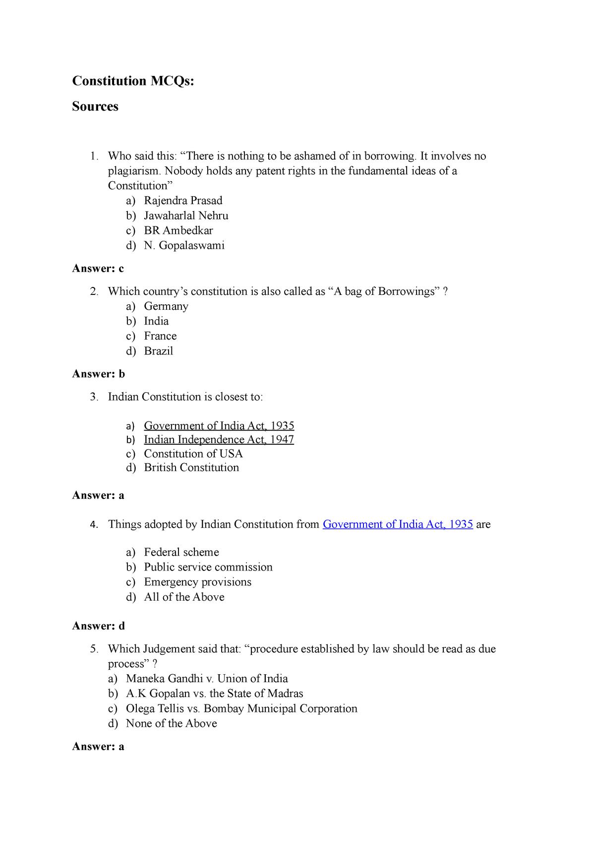 Constitutional Law (BALLB/BBALLB) Multiple Choice Questions (MCQs ...