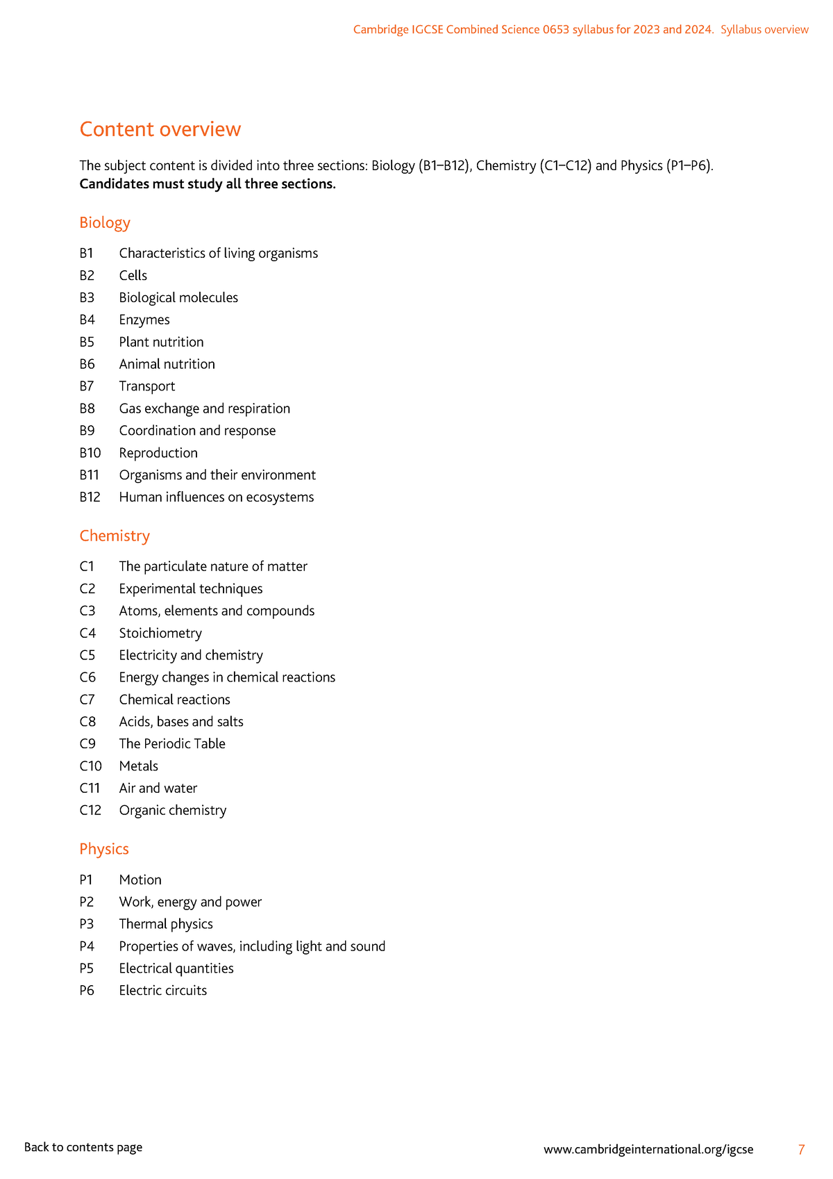 Content Overview Science (CIE Igcse Science Syllabus) - Cambridge IGCSE ...