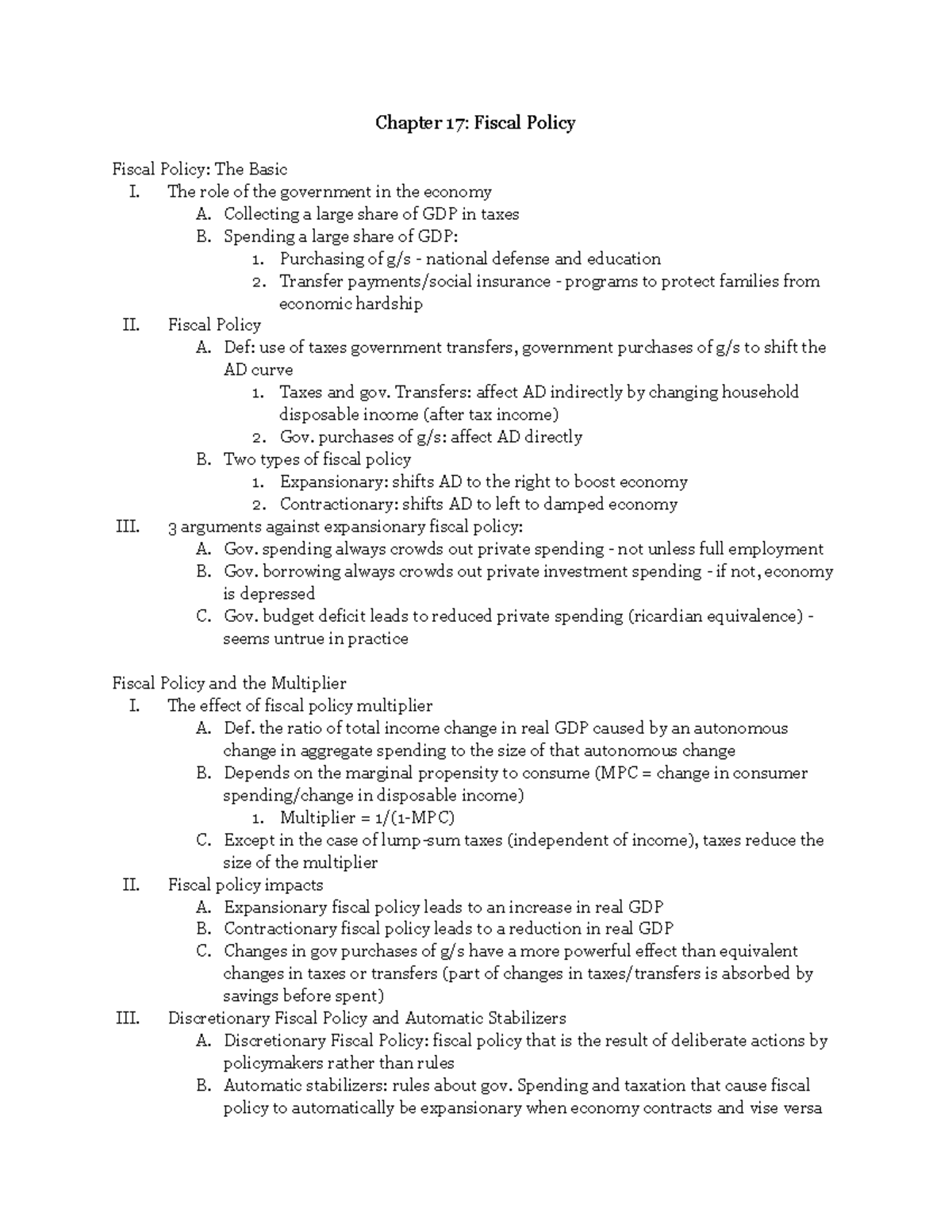 ECON 224 - Chapter 17 (Fiscal Policy) - Chapter 17: Fiscal Policy ...