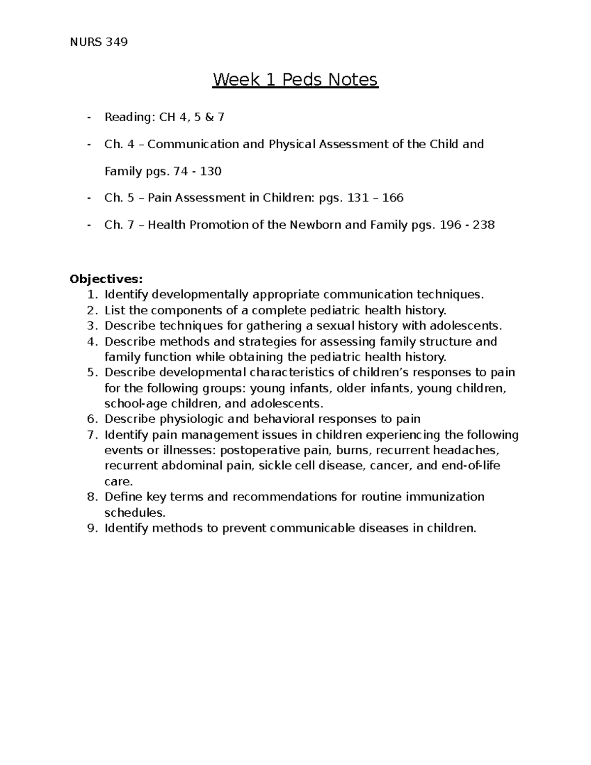 Week 1 Peds Notes - Week 1 Peds Notes Reading: CH 4, 5 & 7 Ch. 4 ...