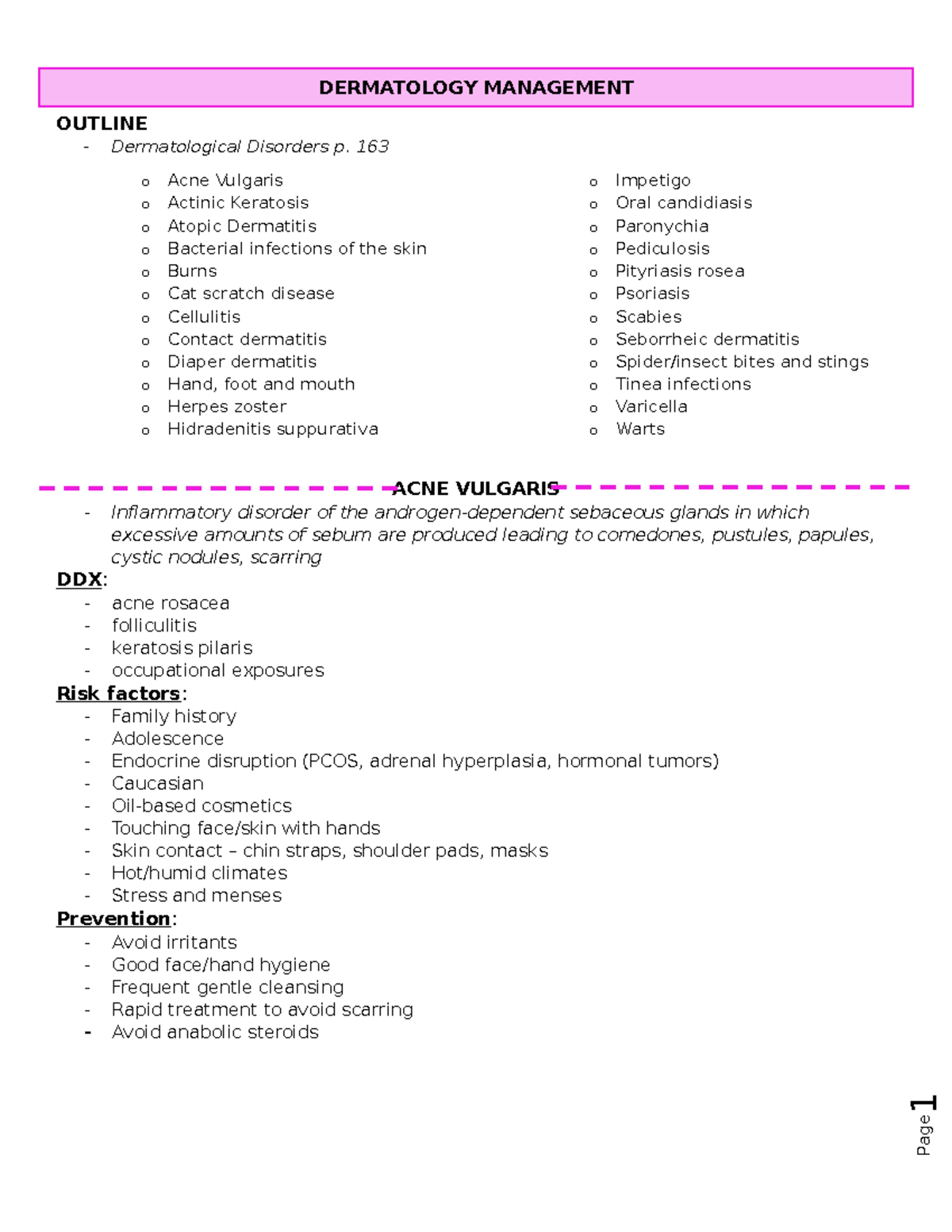 Dermatology Management - 1 DERMATOLOGY MANAGEMENT OUTLINE ...