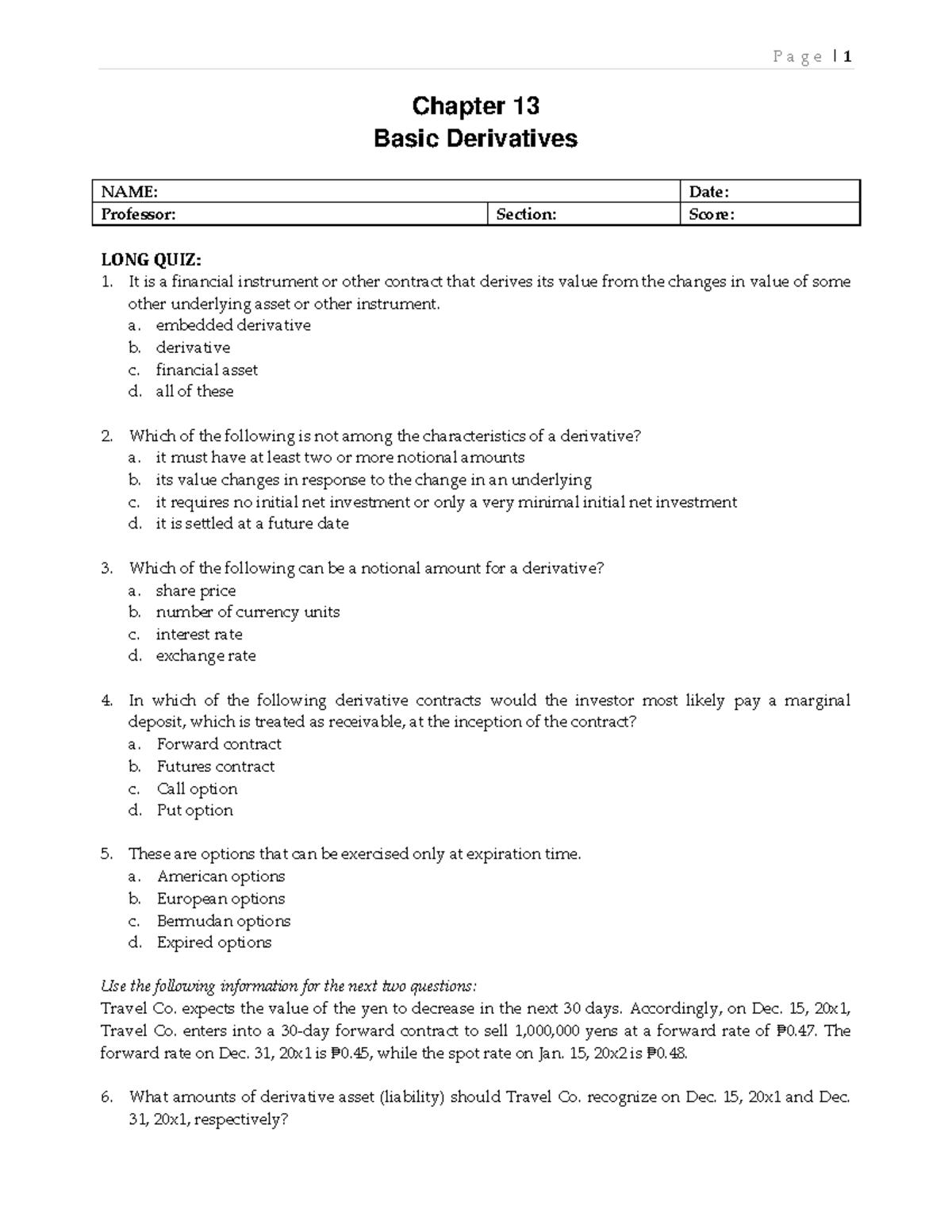 QUIZ Chapter 13 Basic Derivatives IA 1 2020 Edition - Chapter 13 Basic ...