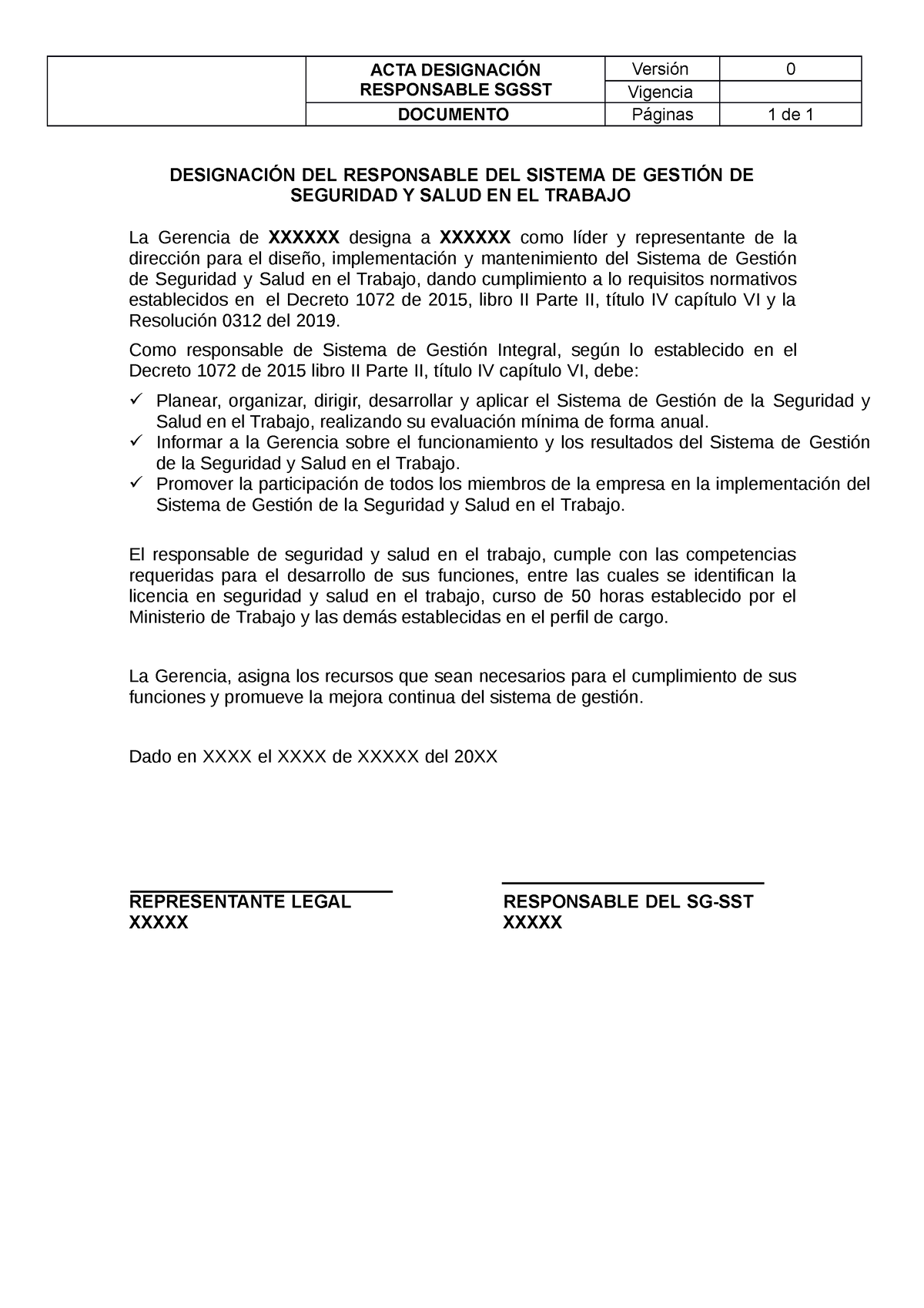 Dct Sgsst 001 Acta Designación Responsable Sgsst Acta DesignaciÓn
