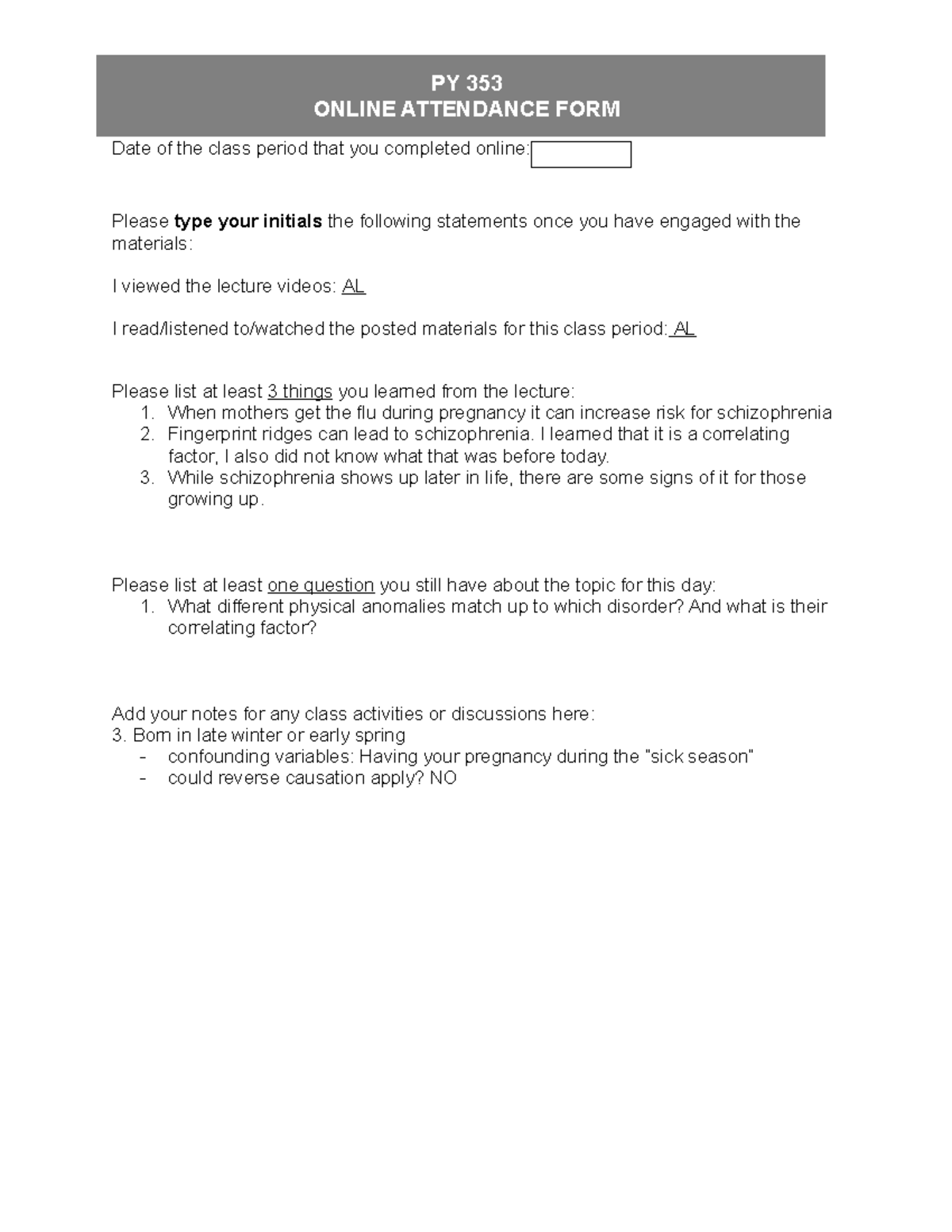 Online Attendance #4 - Notes class #3 - Date of the class period that ...