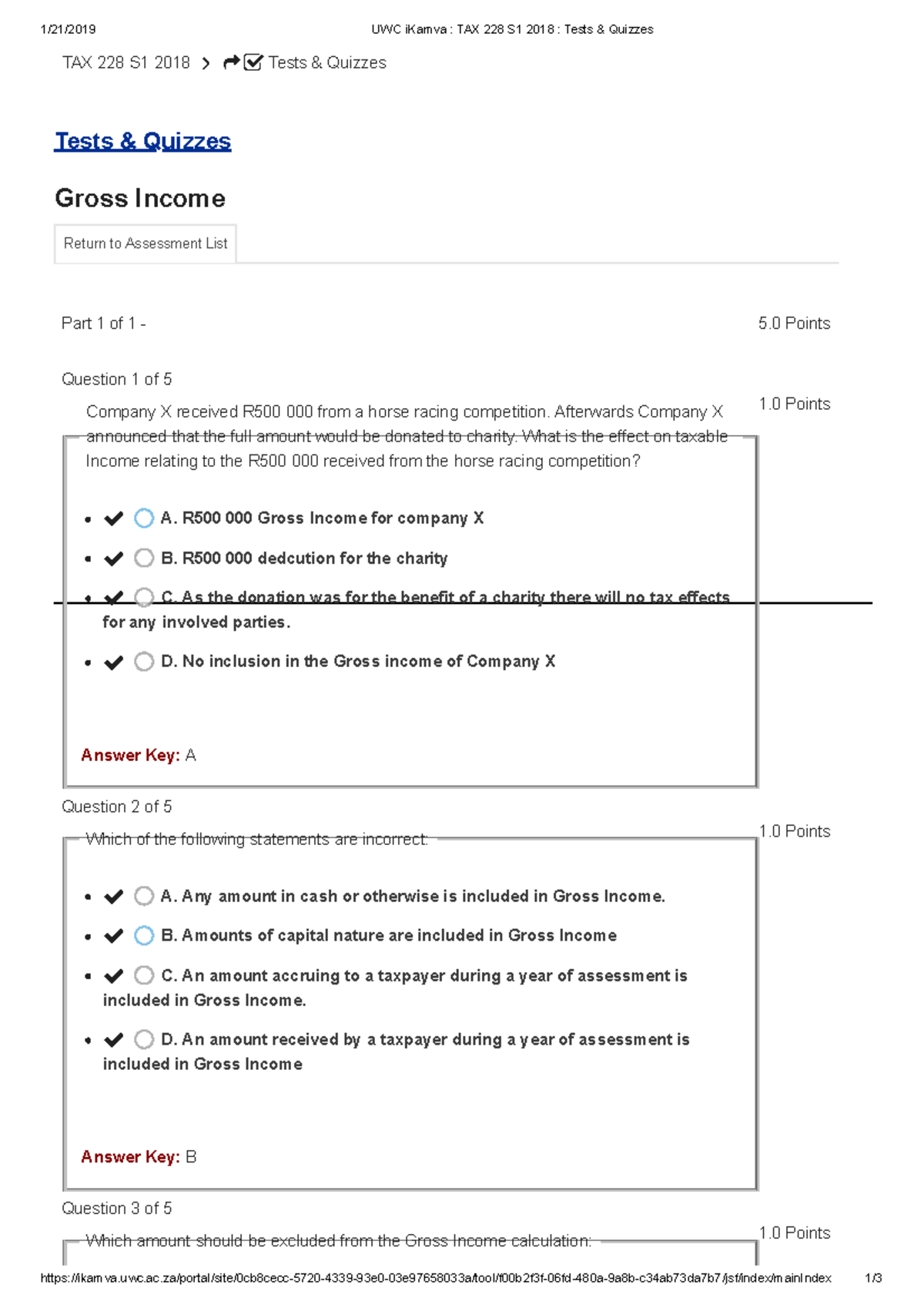 Gross quiz 1/21/2019 UWC iKamva TAX 228 S1 2018 Tests & Quizzes Studocu