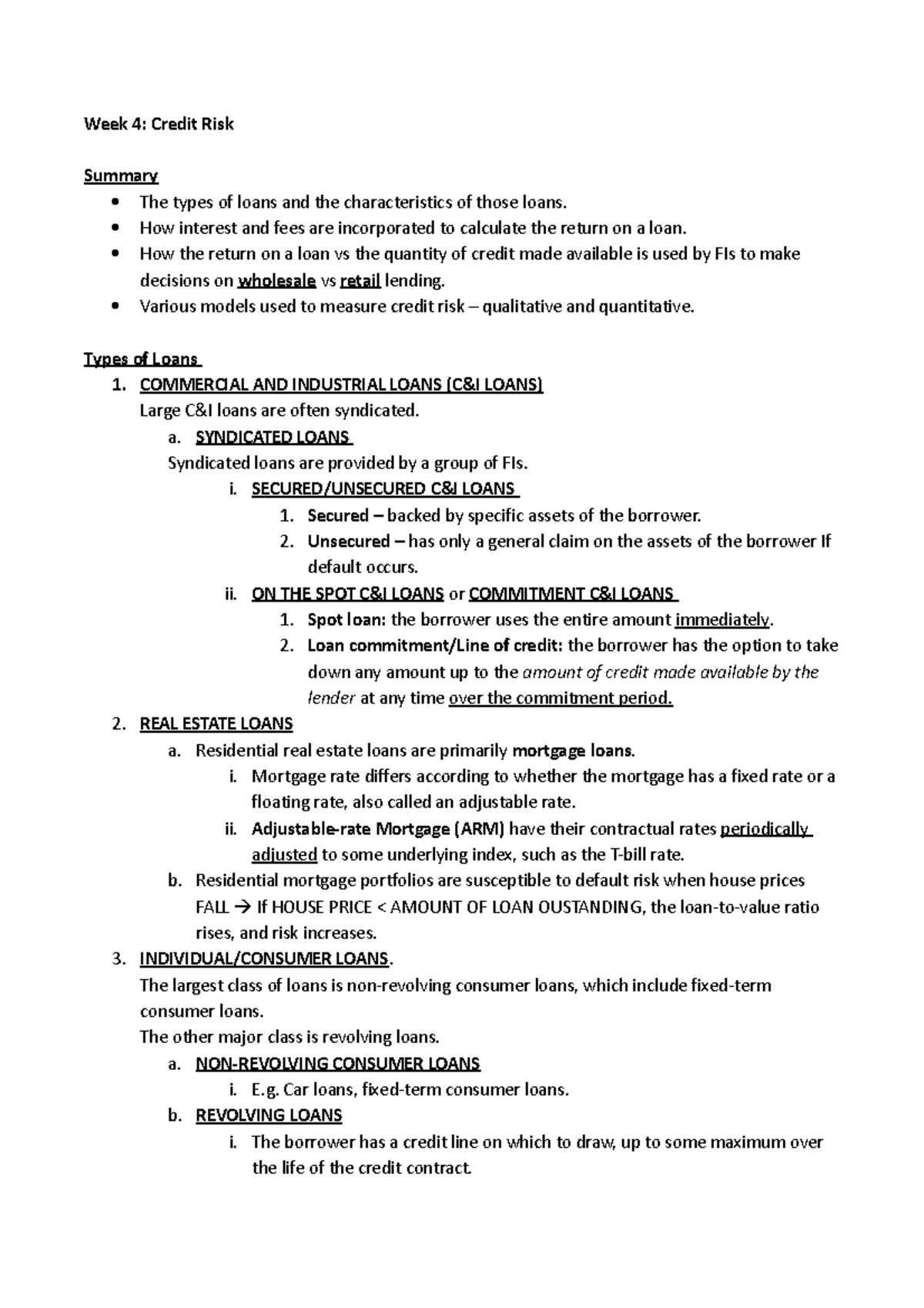 Lecture 4 - Credit RISK - notes - Week 4: Credit Risk Summary The types ...