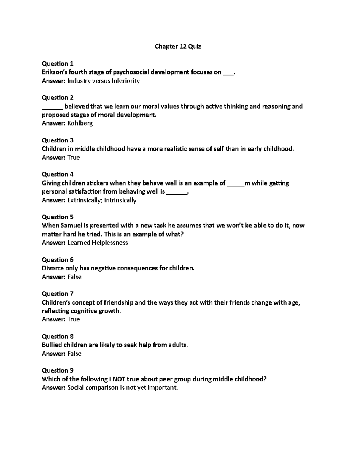 Chapter 12 Quiz - Chapter 12 Quiz Question 1 Erikson’s Fourth Stage Of ...