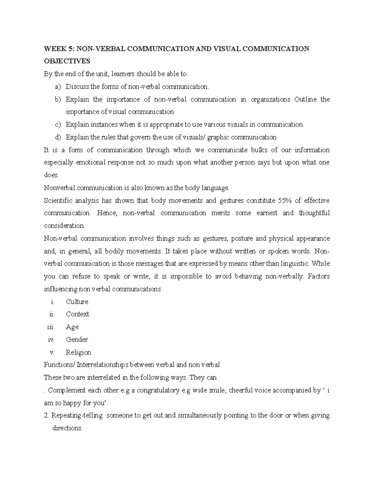 Week five notes - WEEK 5: NON-VERBAL COMMUNICATION AND VISUAL ...