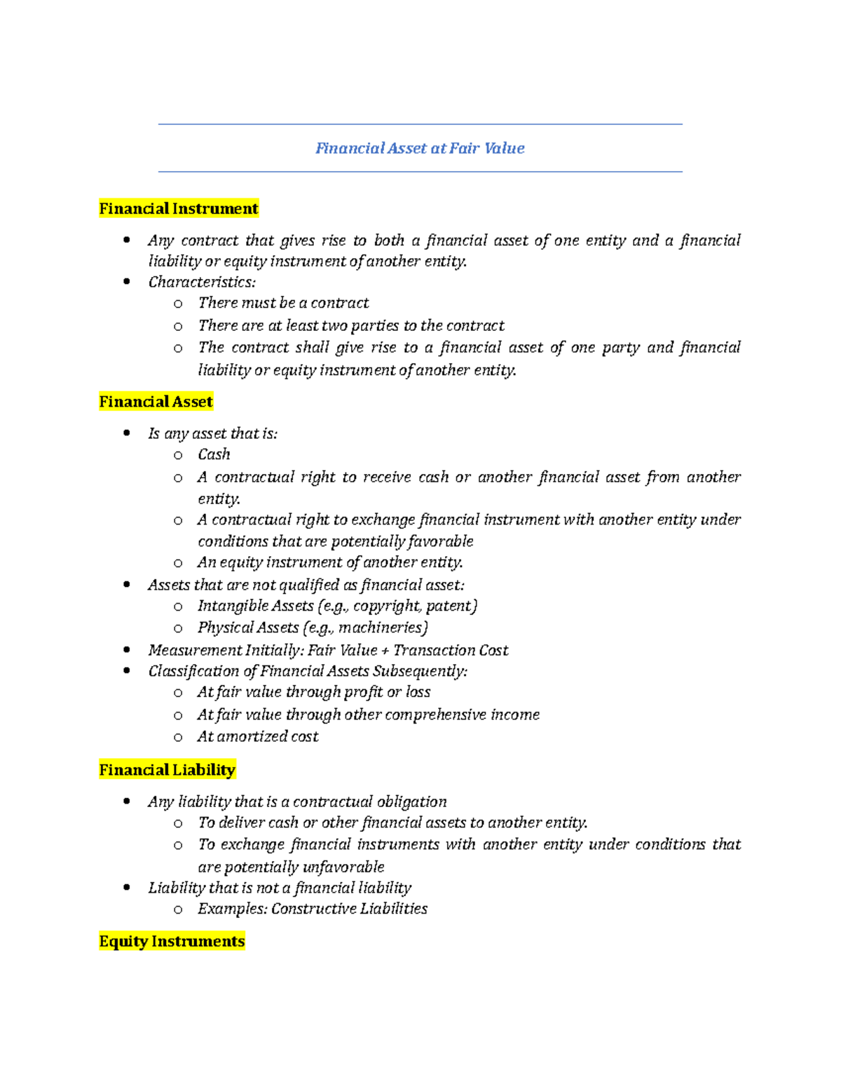 Financial Asset at Fair Value - Financial Asset at Fair Value Financial ...