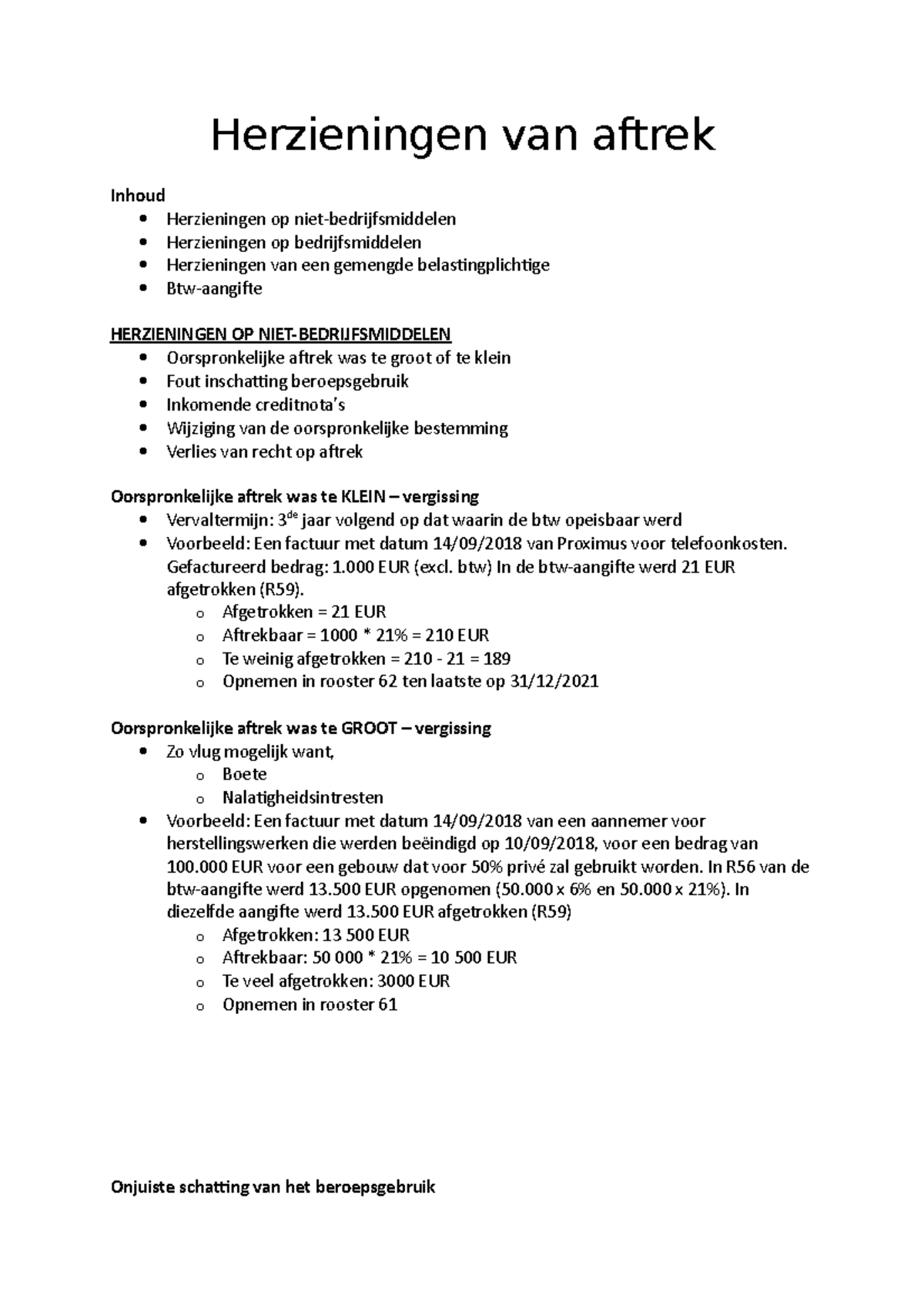 Herziening Samenvatting 2021 - Herzieningen Van Aftrek Inhoud ...