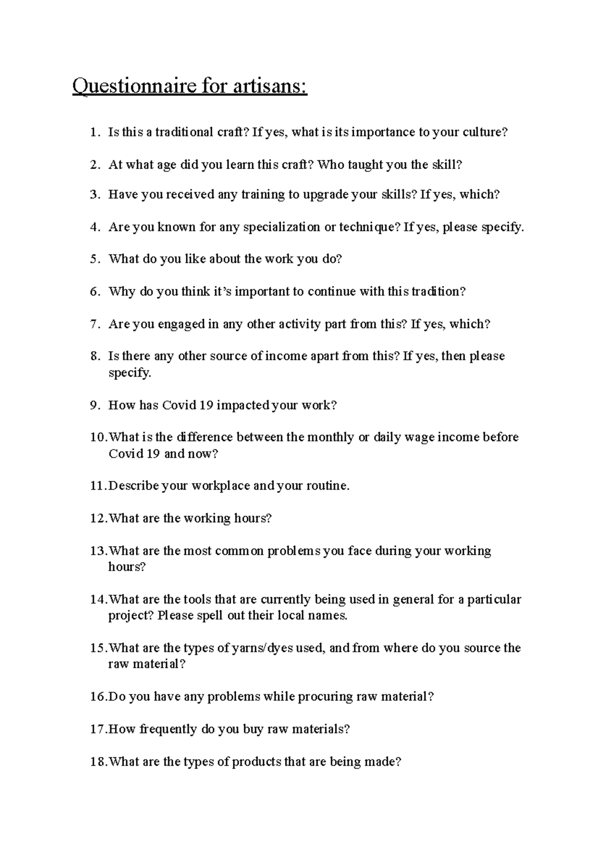 Questionnaire 2nd set research work Questionnaire for artisans Is