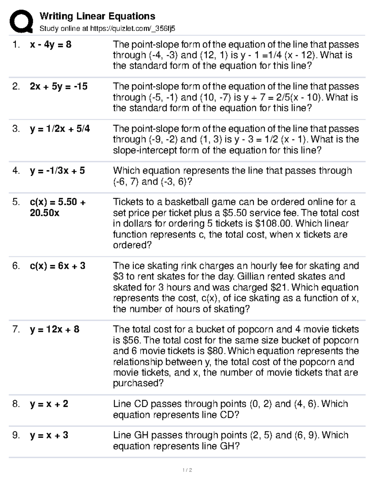 writing equations of linear functions homework 3