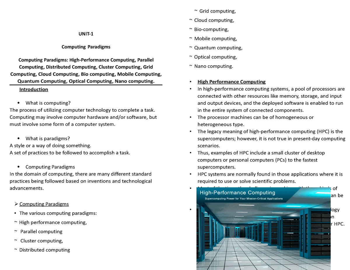 CC UNIT I - Notes - UNIT- Computing Paradigms Computing Paradigms: High ...