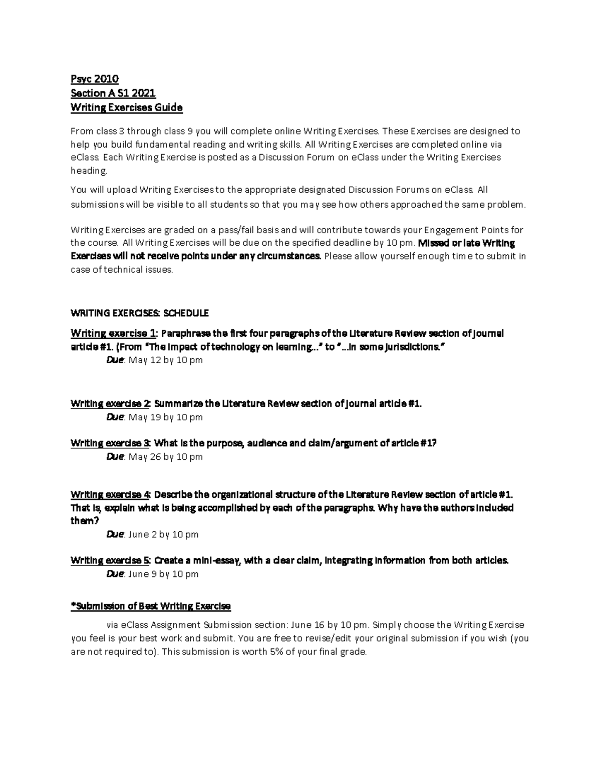Writing Exercises Guide Sec A S1 2021 - Psyc 2010 Section A S1 2021 ...
