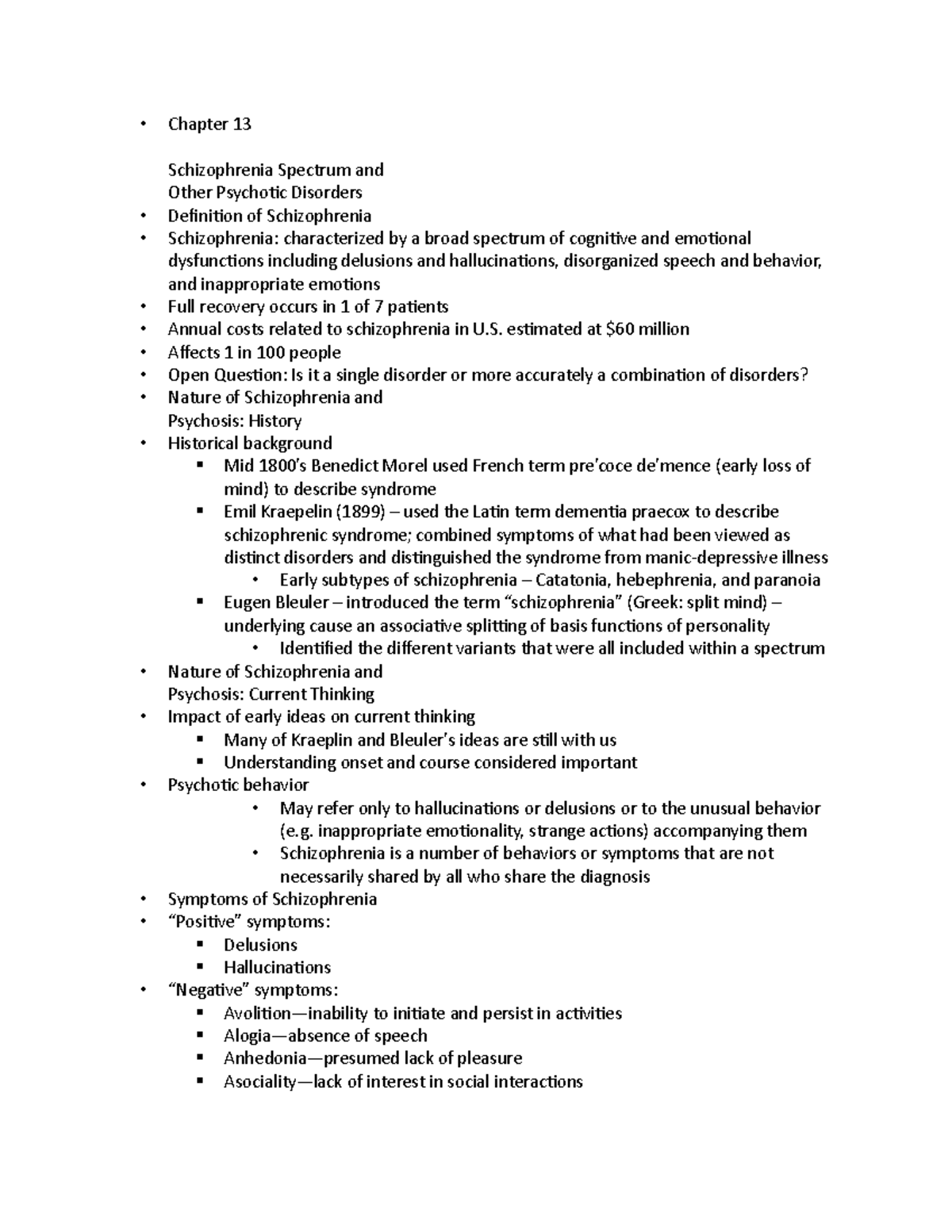 Abnormal chapter 13 - Lecture notes 13 - Chapter 13 Schizophrenia ...