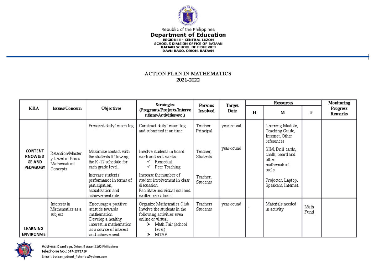 BSF Action plan in math 2021-2022 - Republic of the Philippines ...