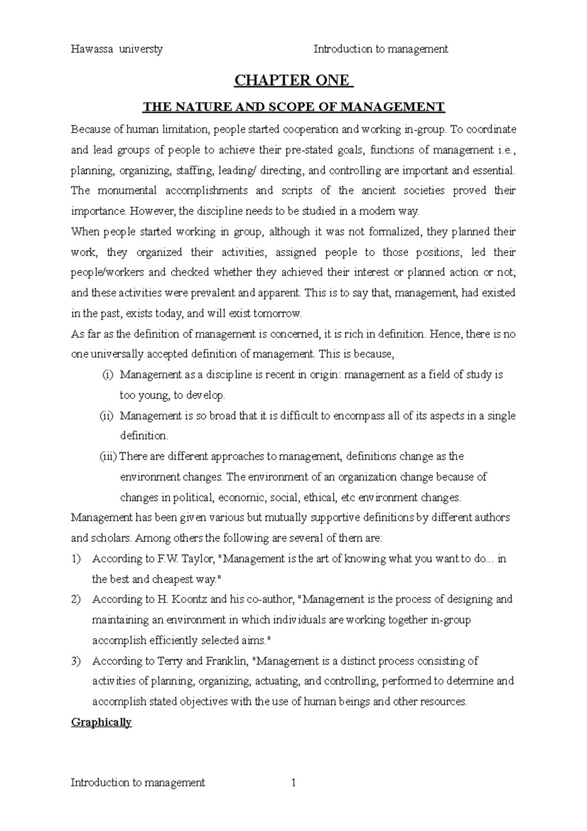 Introduction TO Manangmet Handout - CHAPTER ONE THE NATURE AND SCOPE OF ...
