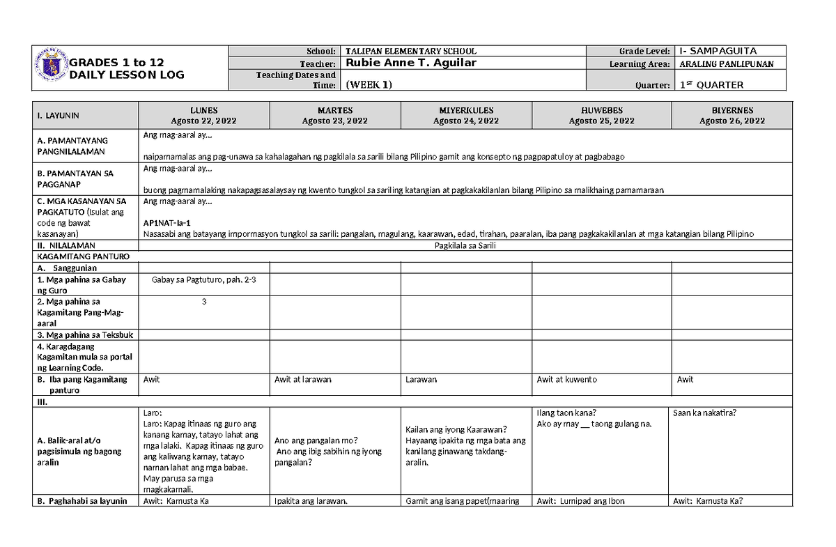 DLL Araling Panlipunan 1 Q1 W1 - GRADES 1 to 12 DAILY LESSON LOG School ...