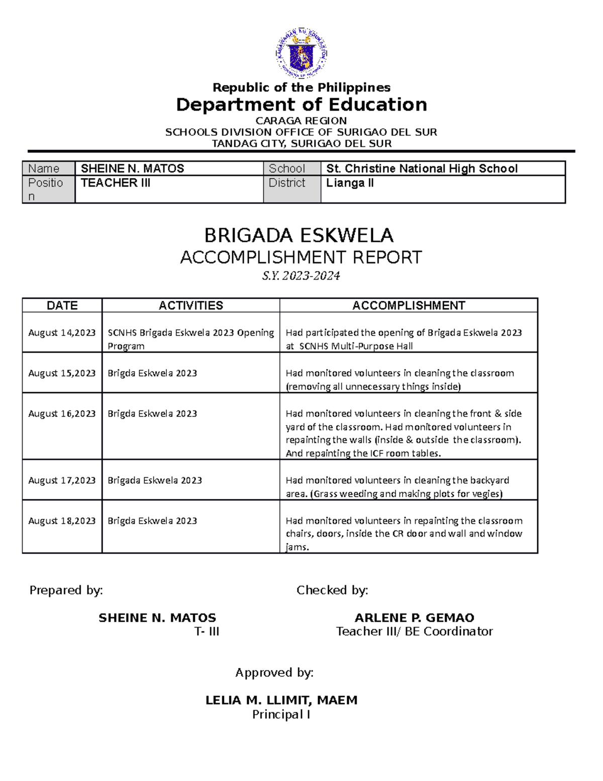 B.E.Accomplishment.docx - Republic of the Philippines Department of ...