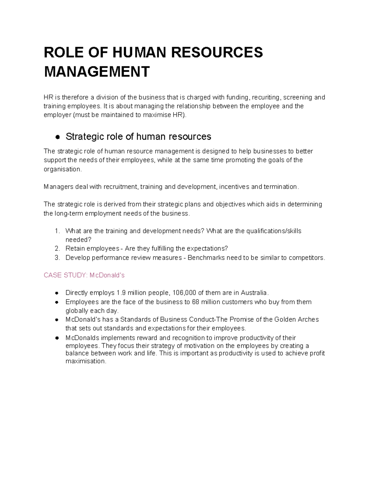 Human Resources-2 - HSC HR NOTES - ROLE OF HUMAN RESOURCES MANAGEMENT ...