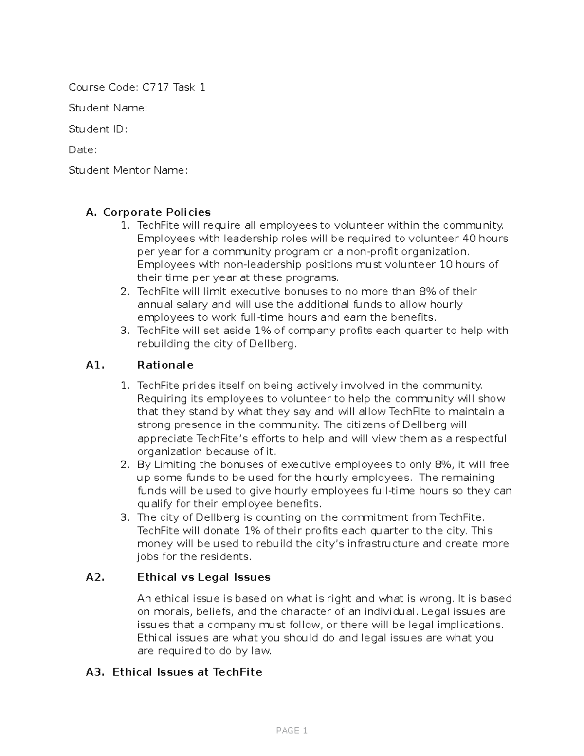 C717 Task 1 - Task 1 for Business Ethics Course C717 - Course Code ...