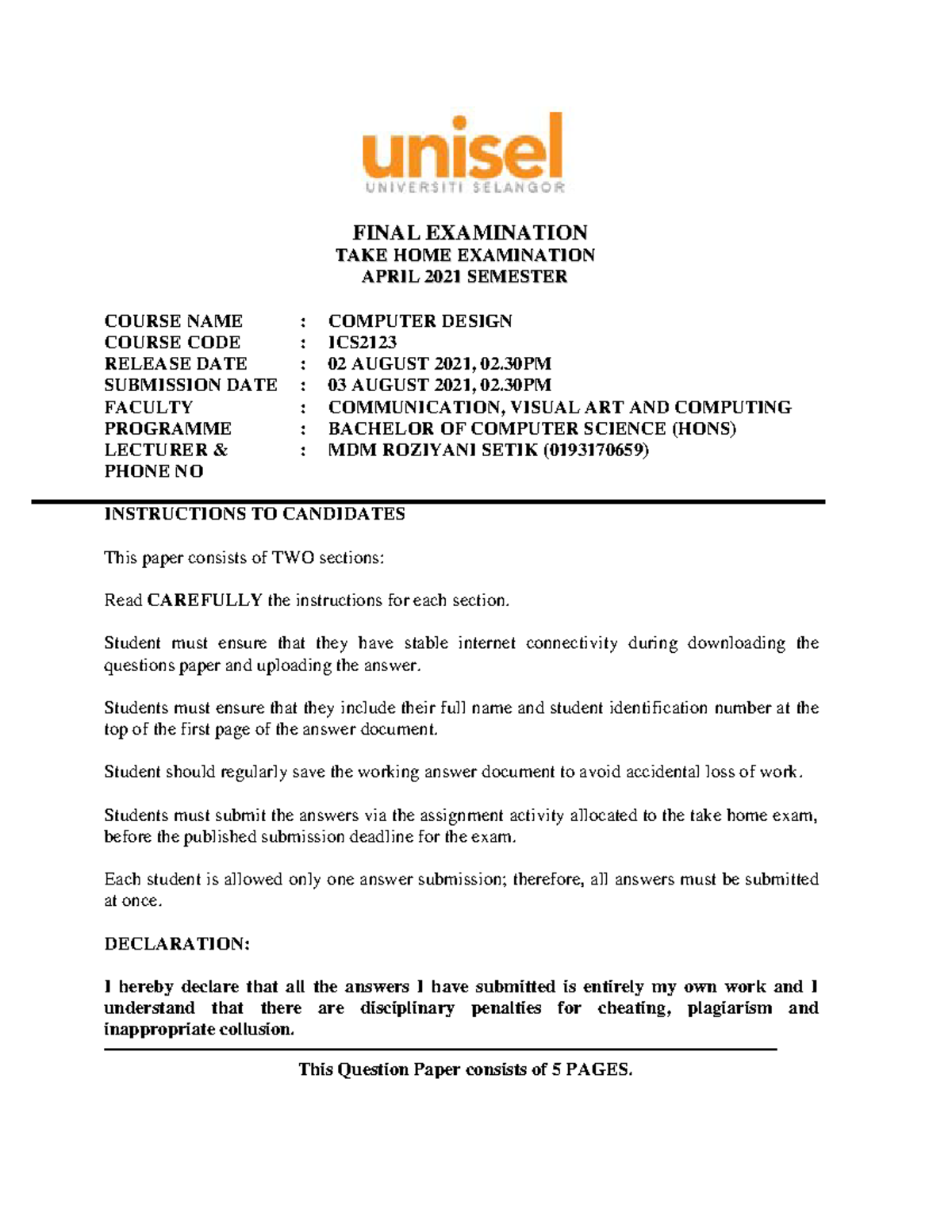 Computer Design Final Examination - FFIINNAALL EEXXAAMMIINNAATTIIOONN ...
