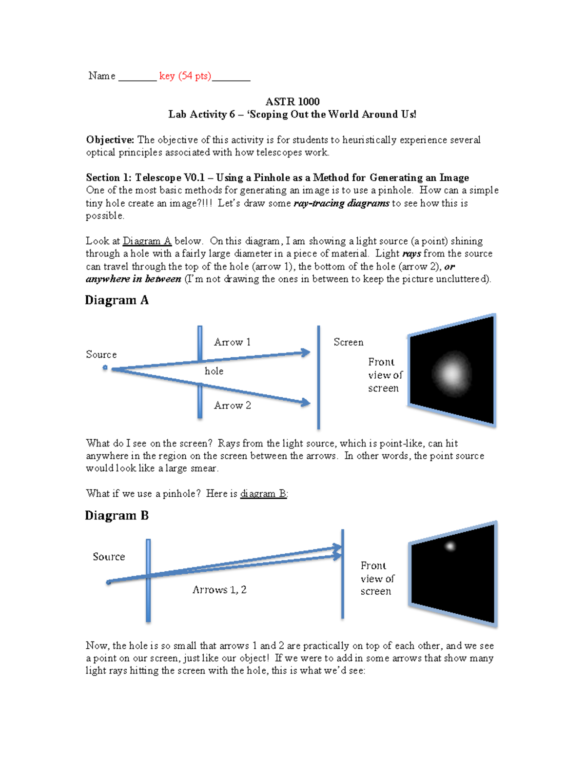 Lab6 telescope lab key Answers to lab Name _______ key (54 pts)_______ ASTR 1000 Lab