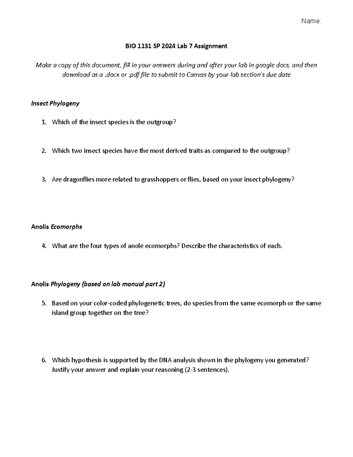 SP 24 BIO 1131 Lab Exercise 7 Phylogeny - Name: BIO 1131 SP 2024 Lab 7 ...