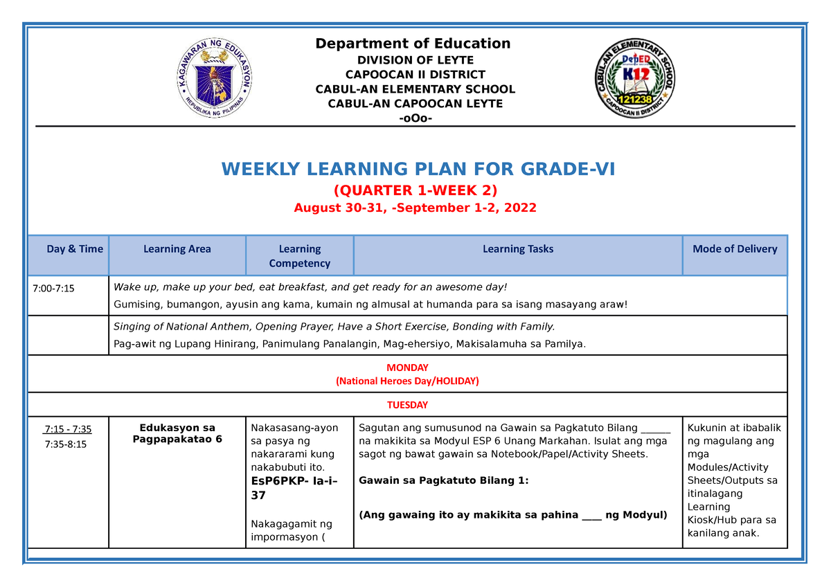 Grade 6 All Subjects Whlp Q1 W2 Department Of Education Division Of Leyte Capoocan Ii District 2679