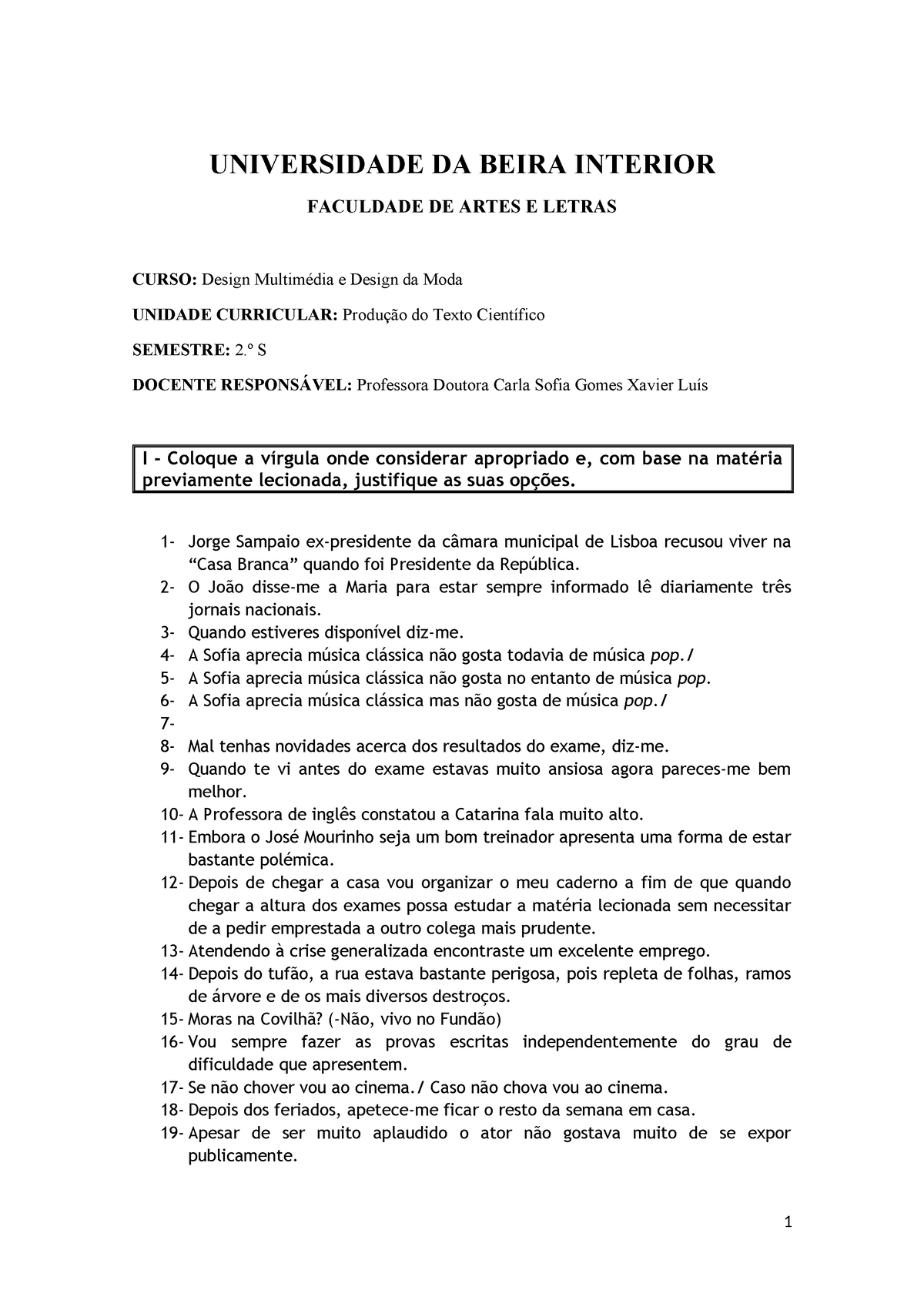 7 P Ficha De Trabalho Vírgulas Ao Universidade Da Beira Interior Faculdade De Artes E 7705