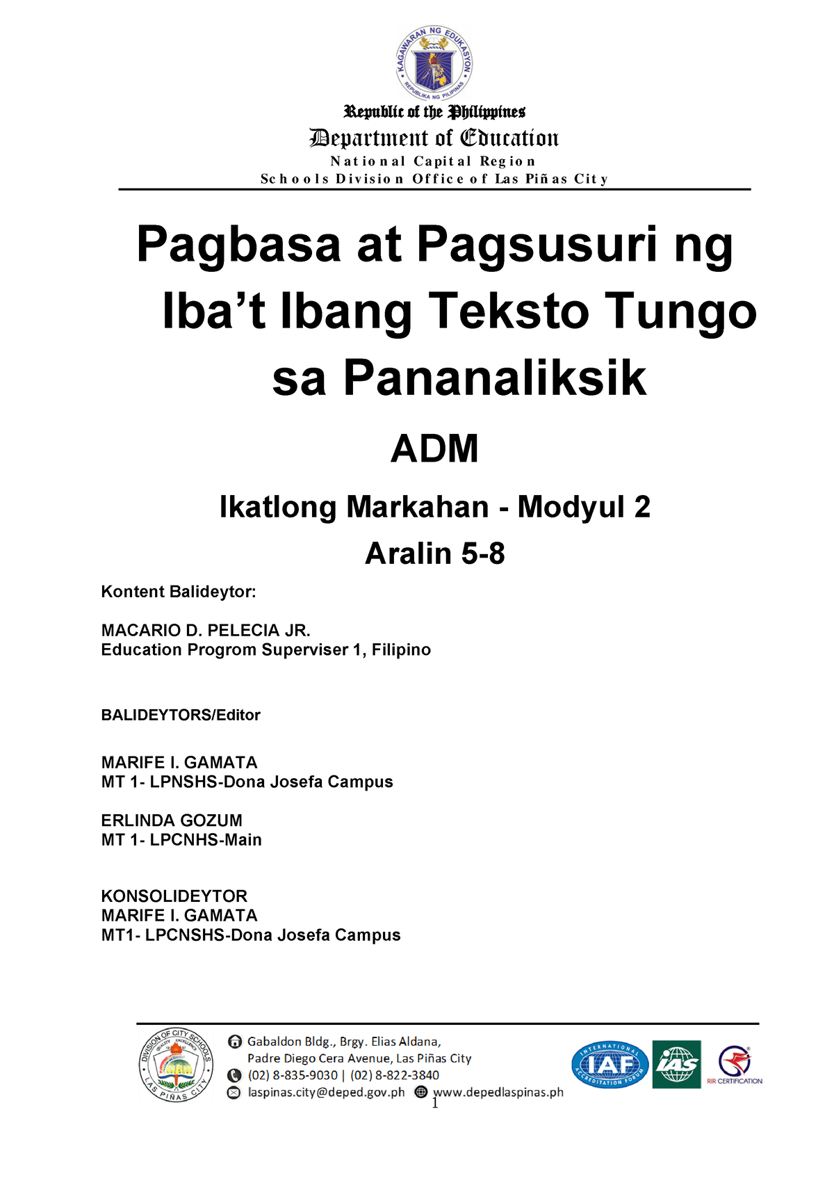 ADM-Q3- Modyul-2- Aralin-5-8-2021 - Pagbasa at Pagsusuri ng Iba't 