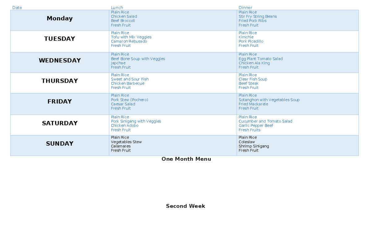 OneMonthMenu 123 - Monday Plain Rice Chicken Salad Beef Broccoli Fresh ...