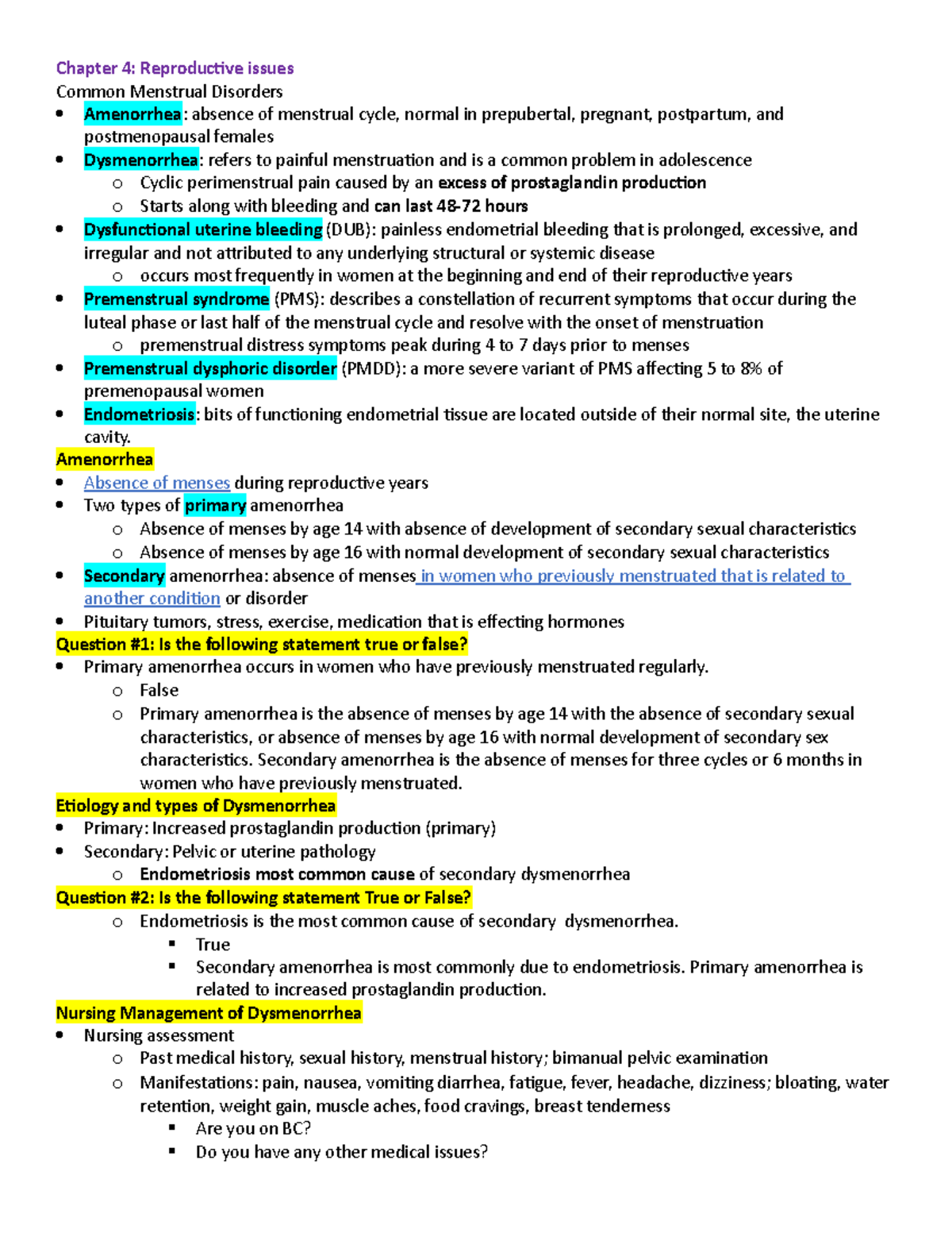 Exam 1 OB - Notes From Lecture - Chapter 4: Reproductive Issues Common ...