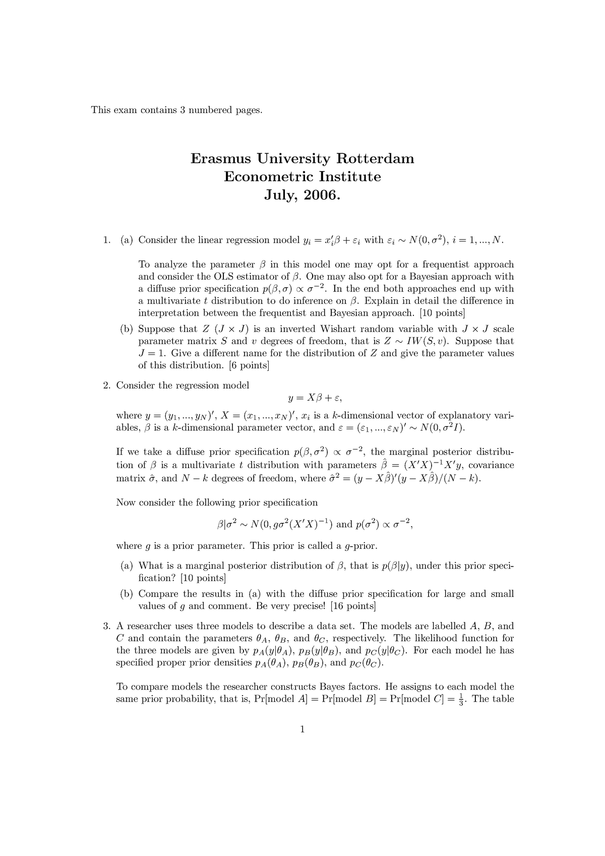 Tentamen Juli 09 Vragen Bayesian Econometrics Fem Eur Studeersnel