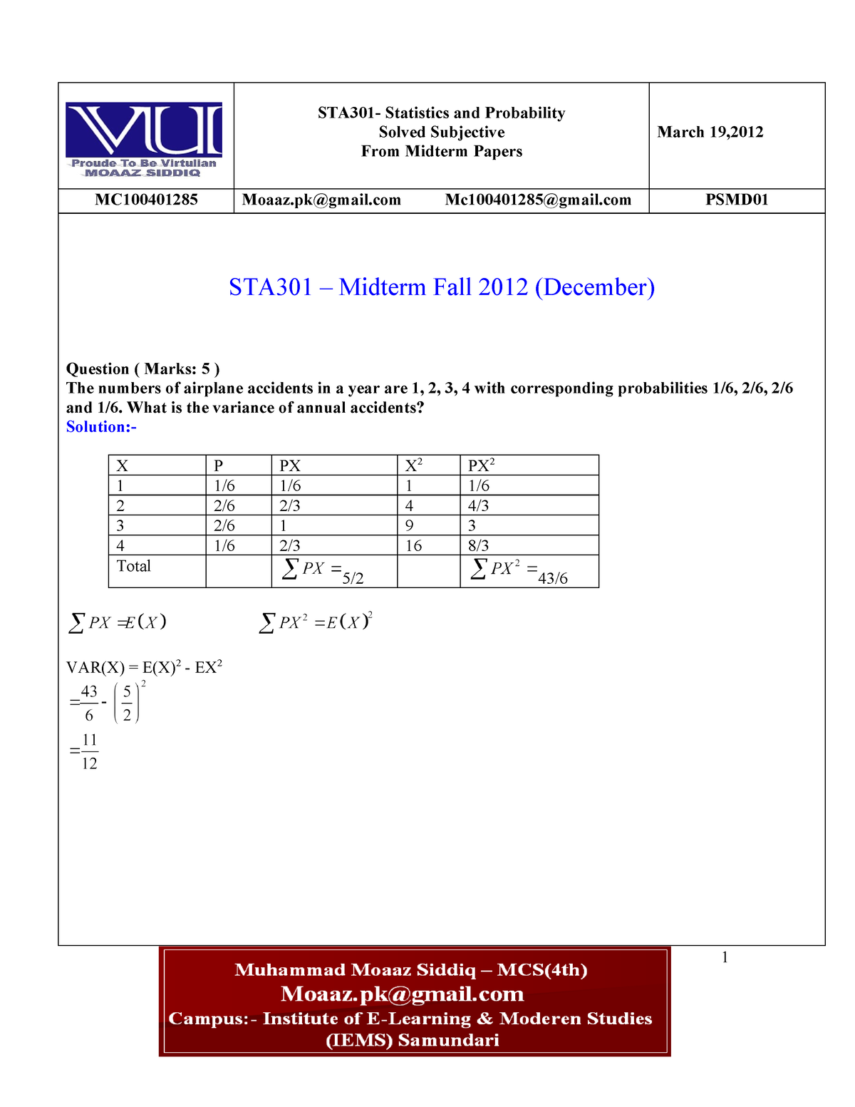 mid term paper of sta301