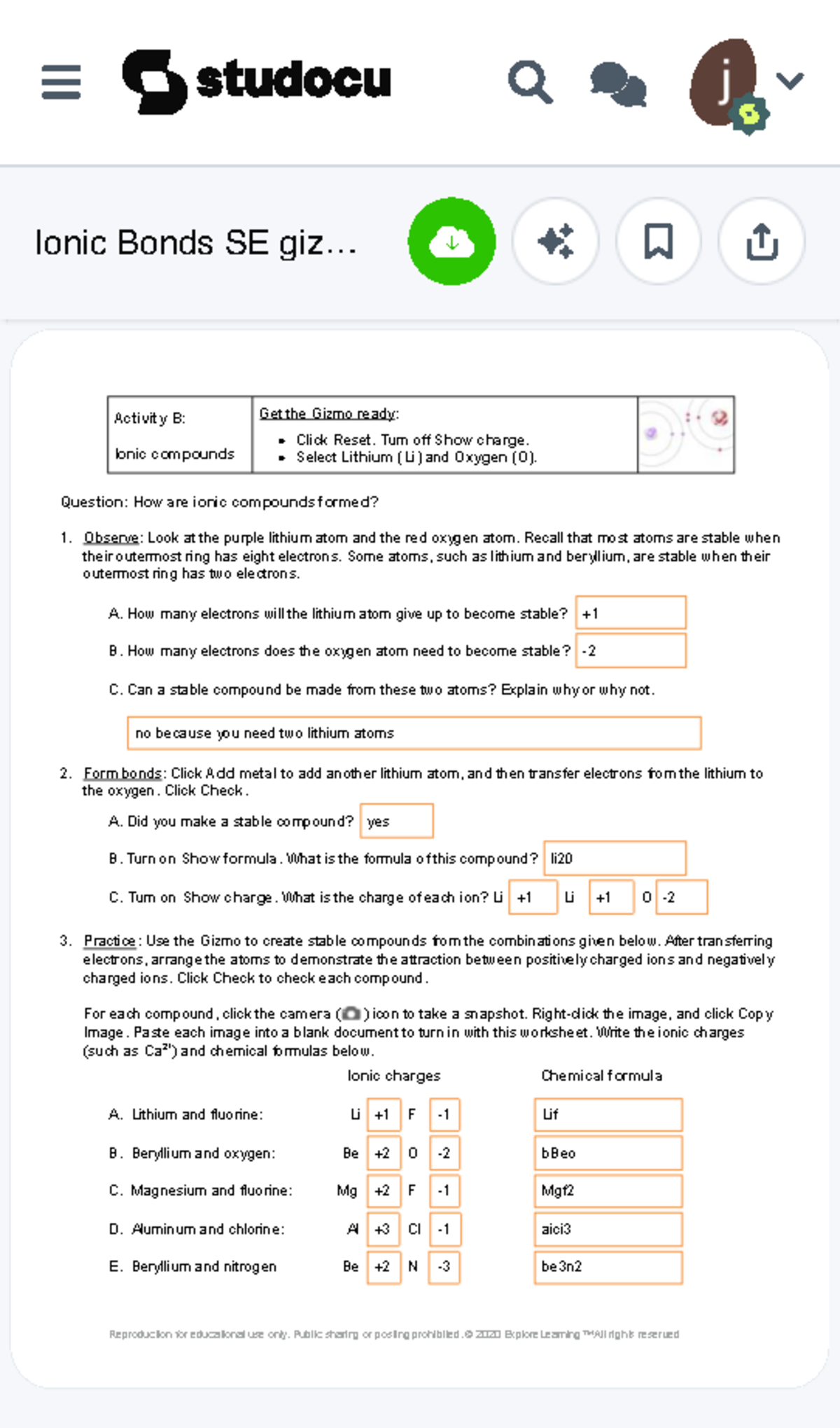 Ionic Bonds SE gizmos answer key - Name Marlon Sanchez Date 0316 ...