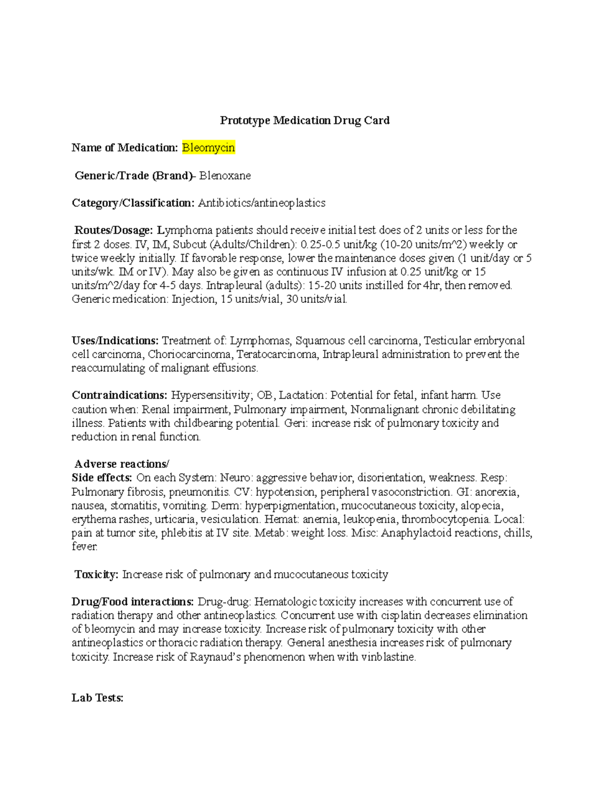 Chapter 14 Prototype Medication Card Prototype Medication Drug Card