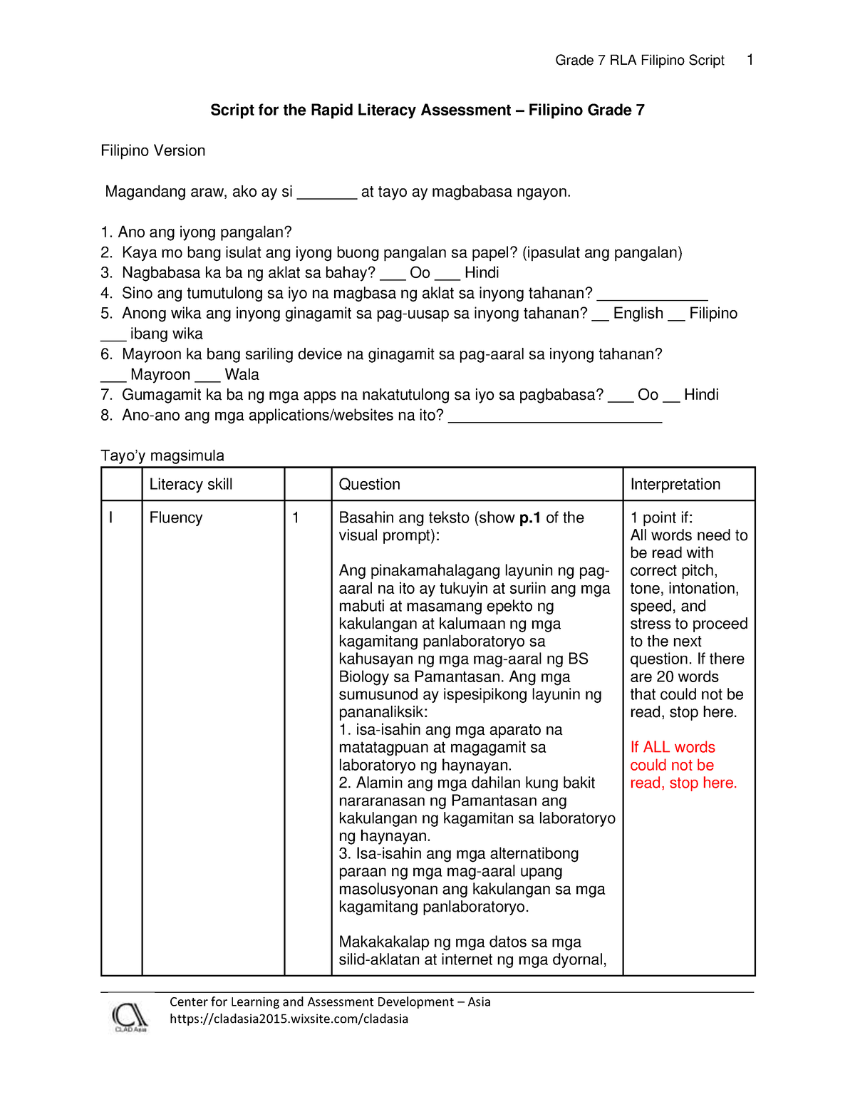 Grade 7 RLA-Filipino - Rapid Test - ####### Grade 7 RLA Filipino Script ...